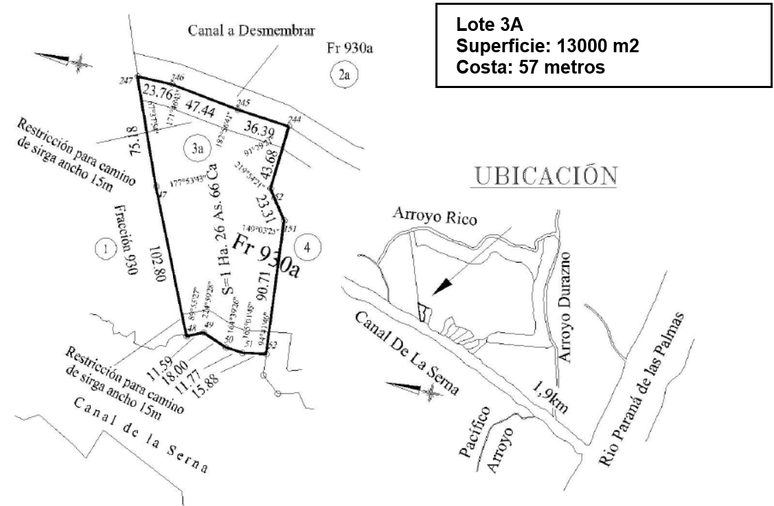 Plano del lote 03A con superficie y metros de costa