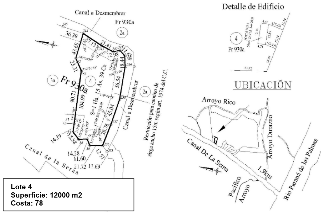 Plano del lote 04 con superficie y metros de costa