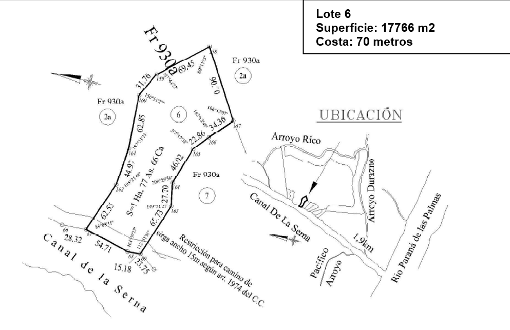 Plano del lote 06 con superficie y metros de costa