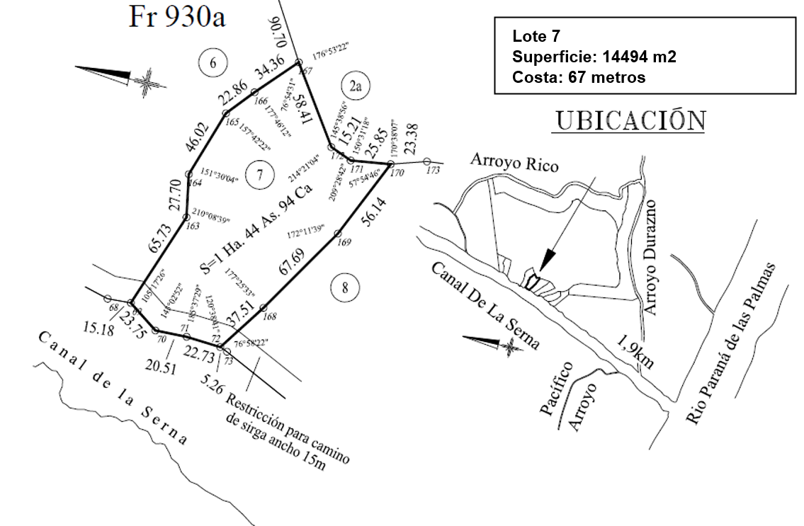 Plano del lote 07 con superficie y metros de costa