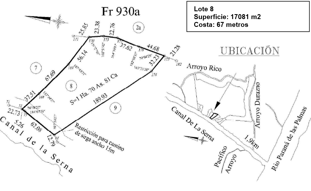 Plano del lote 08 con superficie y metros de costa