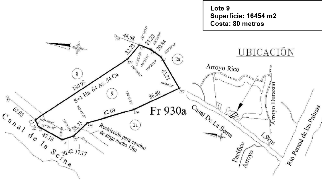 Plano del lote 09 con superficie y metros de costa