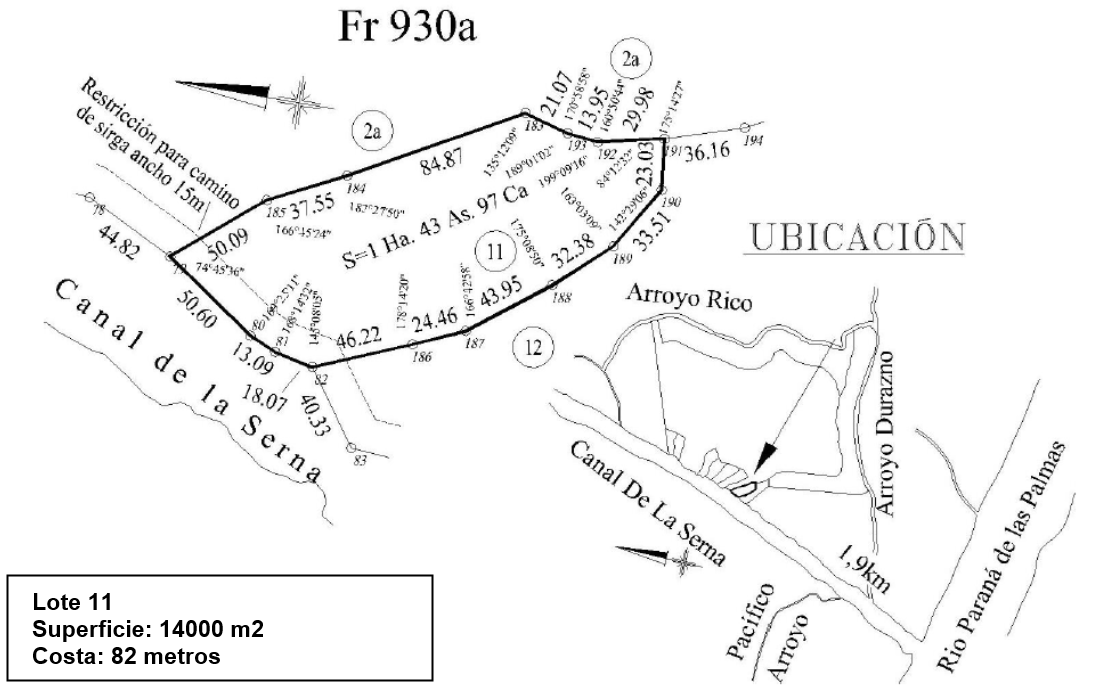 Plano del lote 11 con superficie y metros de costa