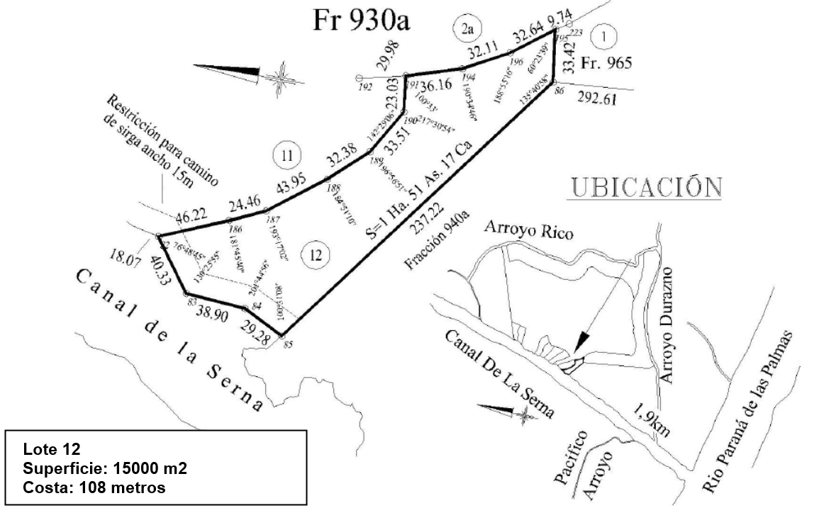 Plano del lote 12 con superficie y metros de costa